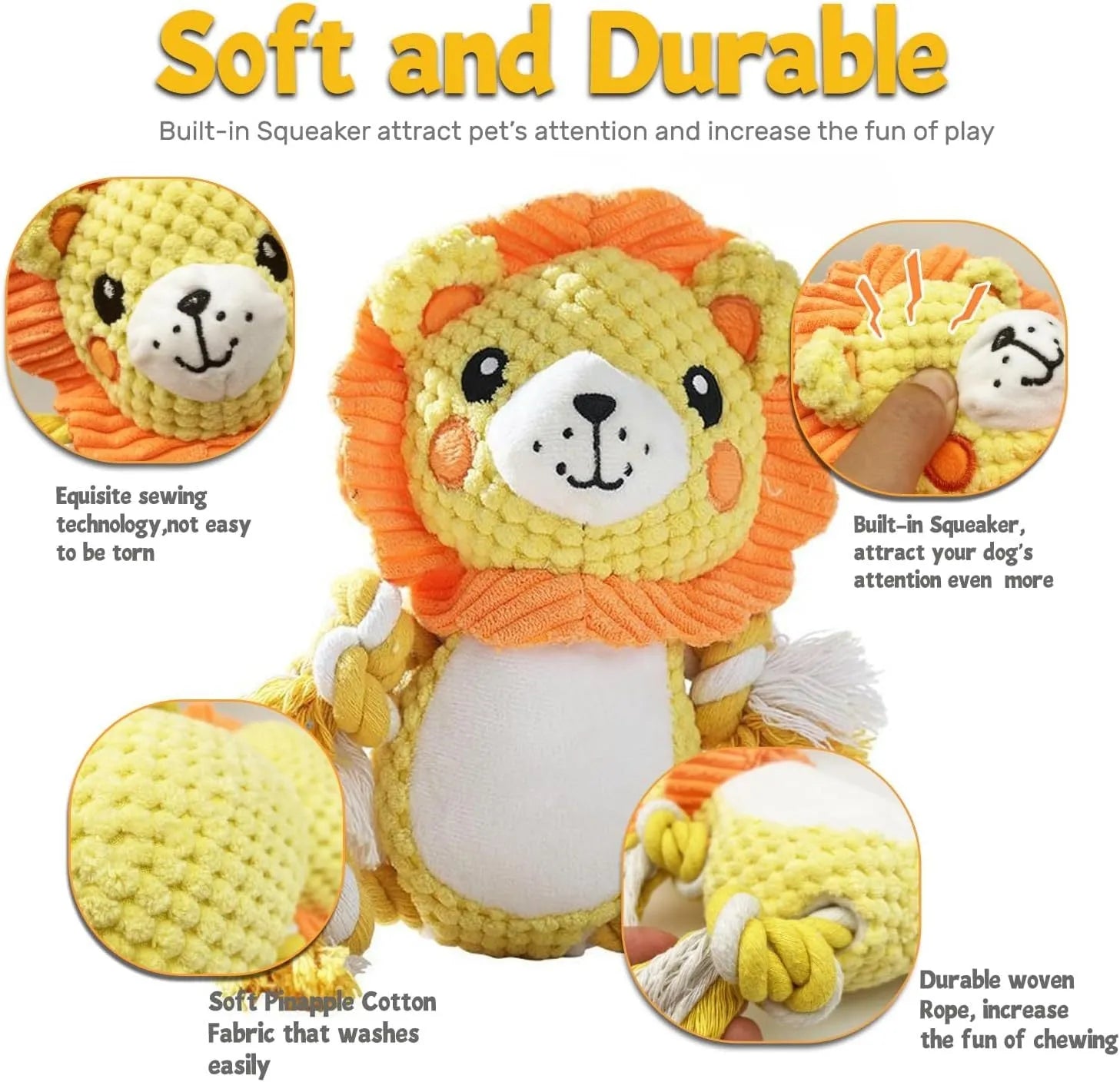 Lion and monkey soft plush squeaky dog toys side by side.
