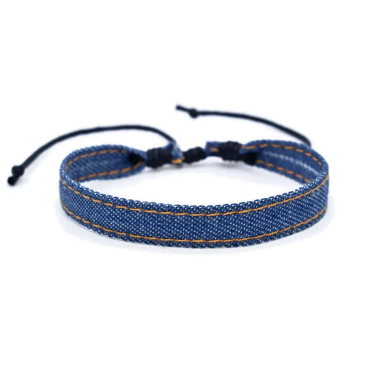 Denim fabric bracelet carrying strap in unisex design with mixed materials and cute styling