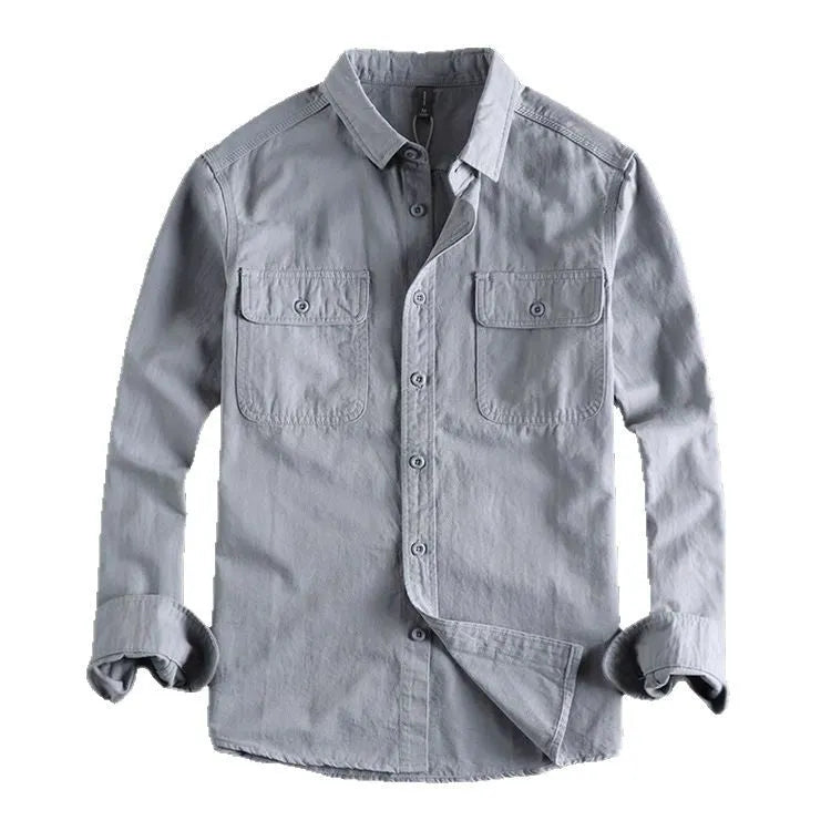 Men's loose fit long sleeve cardigan shirt in light grey, black, khaki or green.