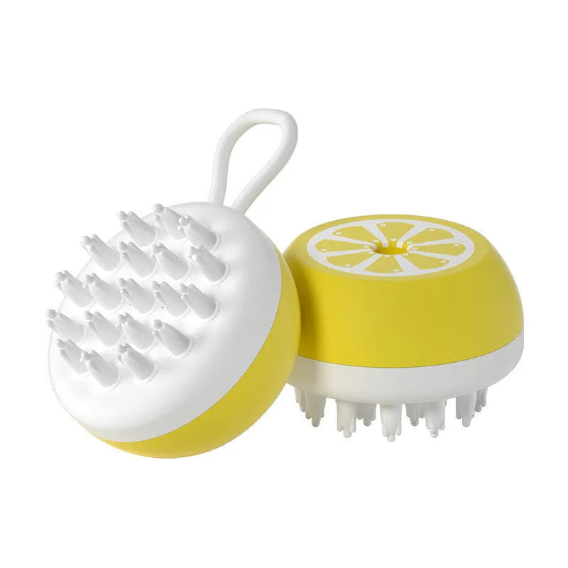 Pet grooming brush with 2-in-1 design showing massage head and comb teeth in soft silicone construction