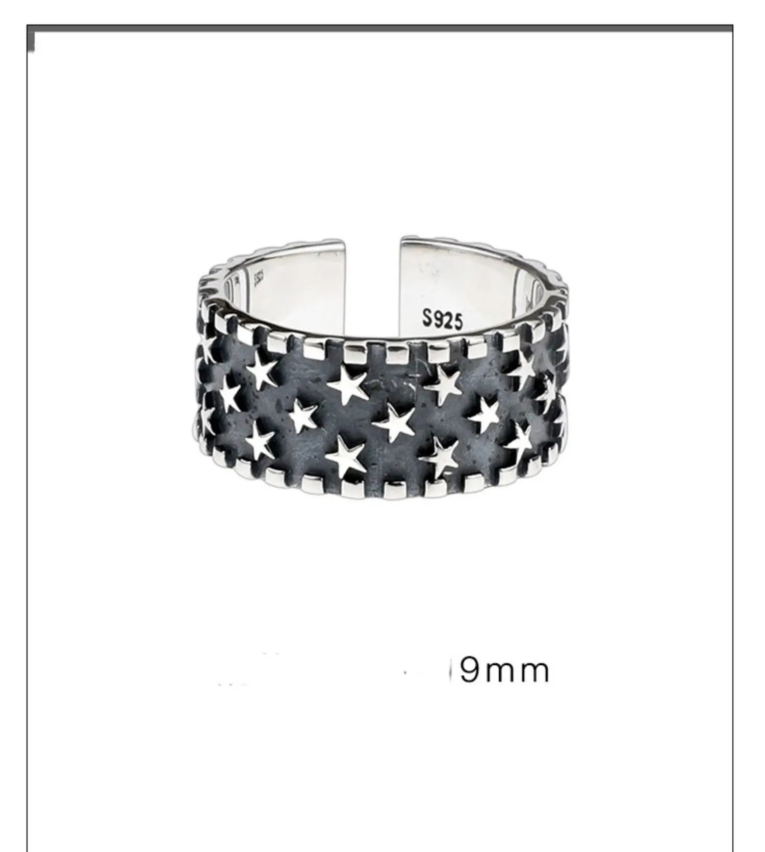 Adjustable open-back sterling silver ring with a raised five-pointed star geometric pattern.