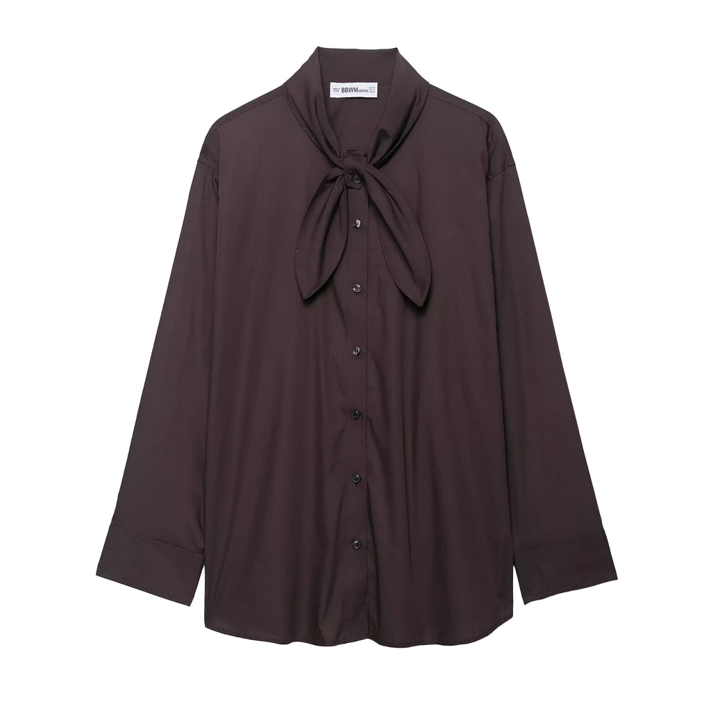 Brown women's cardigan-style shirt with long sleeves and a built-in bow tie scarf detail