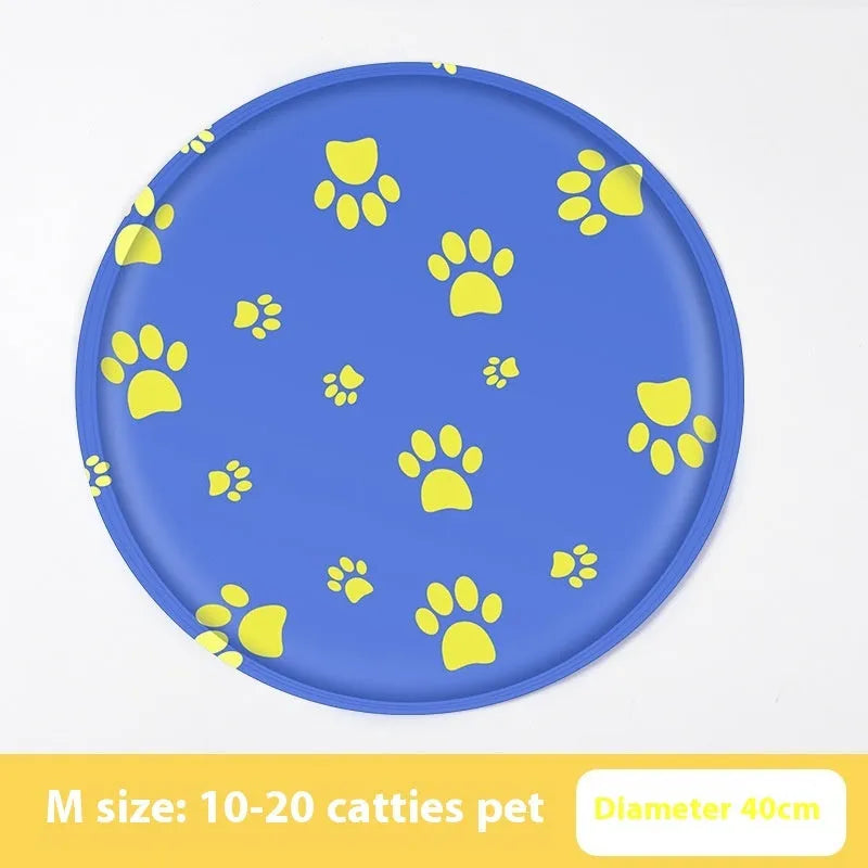 Round pet cooling mat with colourful cartoon design for dogs, showing gel filling and cloth cover