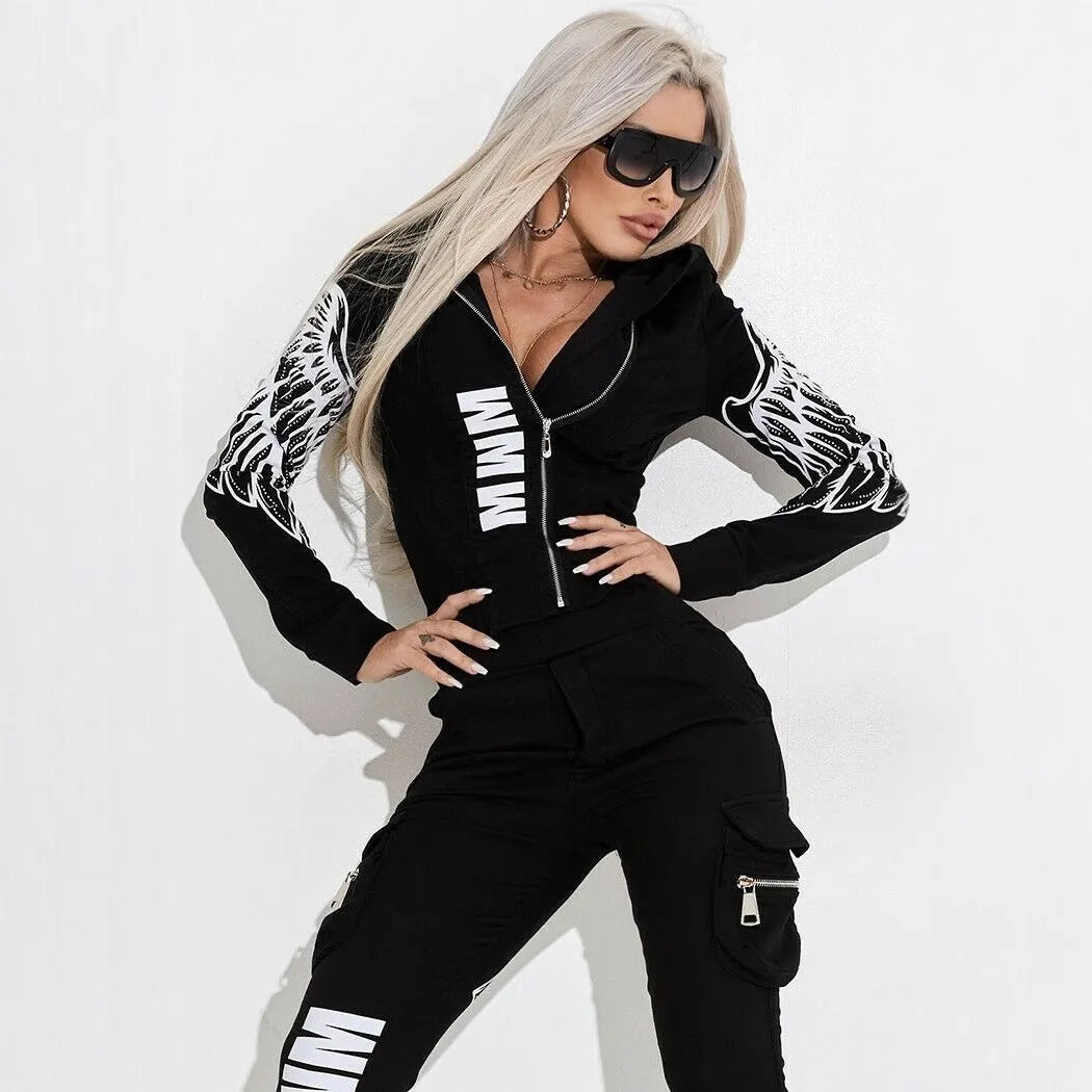 Women's Black wings printed casual suit set with hooded top and trousers