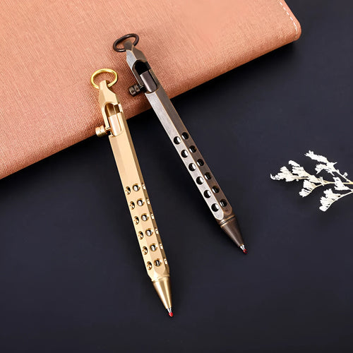 Brass hexagonal bolt-action rollerball pen with six-faceted barrel and 0.5mm tip
