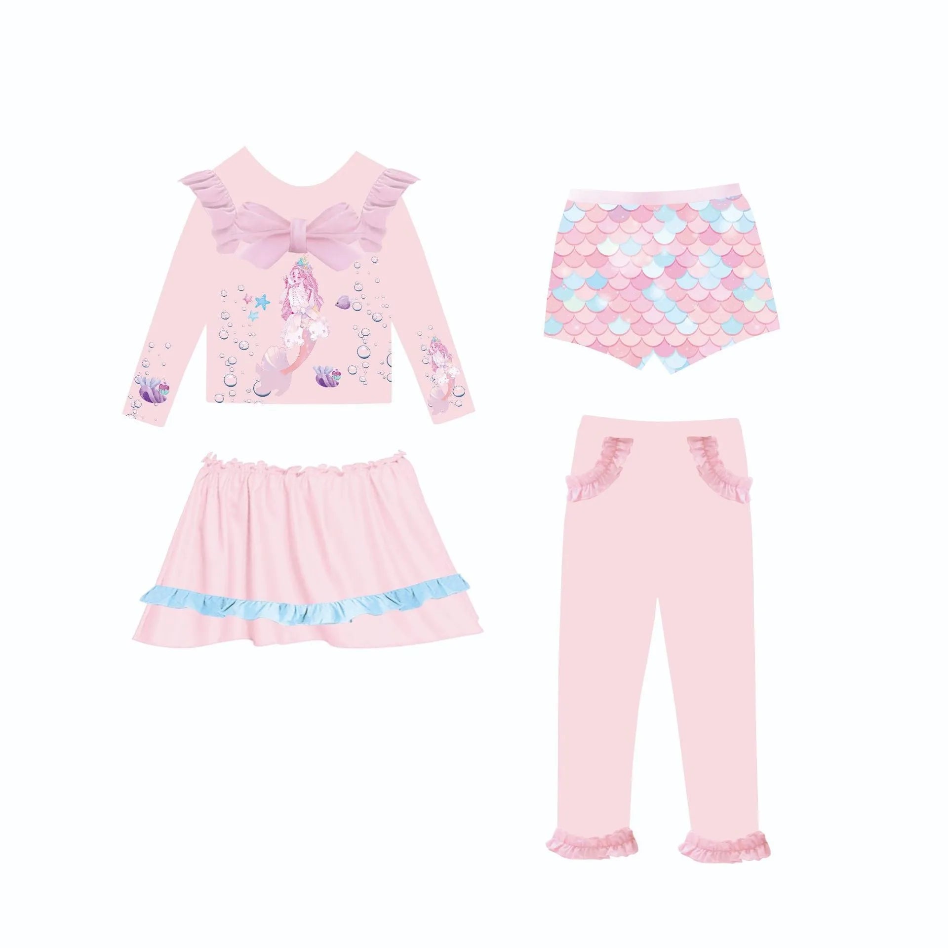 Girl's gilded coloured mermaid swimsuit set with separate top, skirt, trousers, and shorts