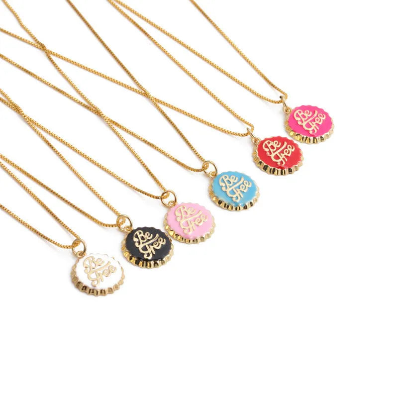 Copper bottle cap pendant necklace with 18K gold electroplating on 40cm chain