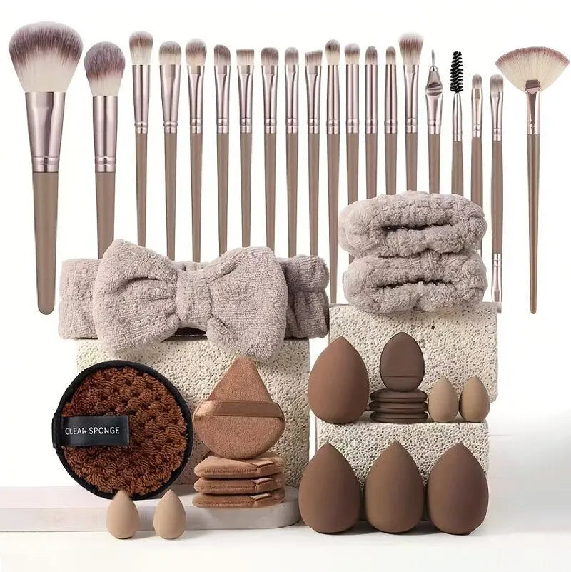 Beauty tools combination suit for face wash and makeup in brown, pink, purple colours