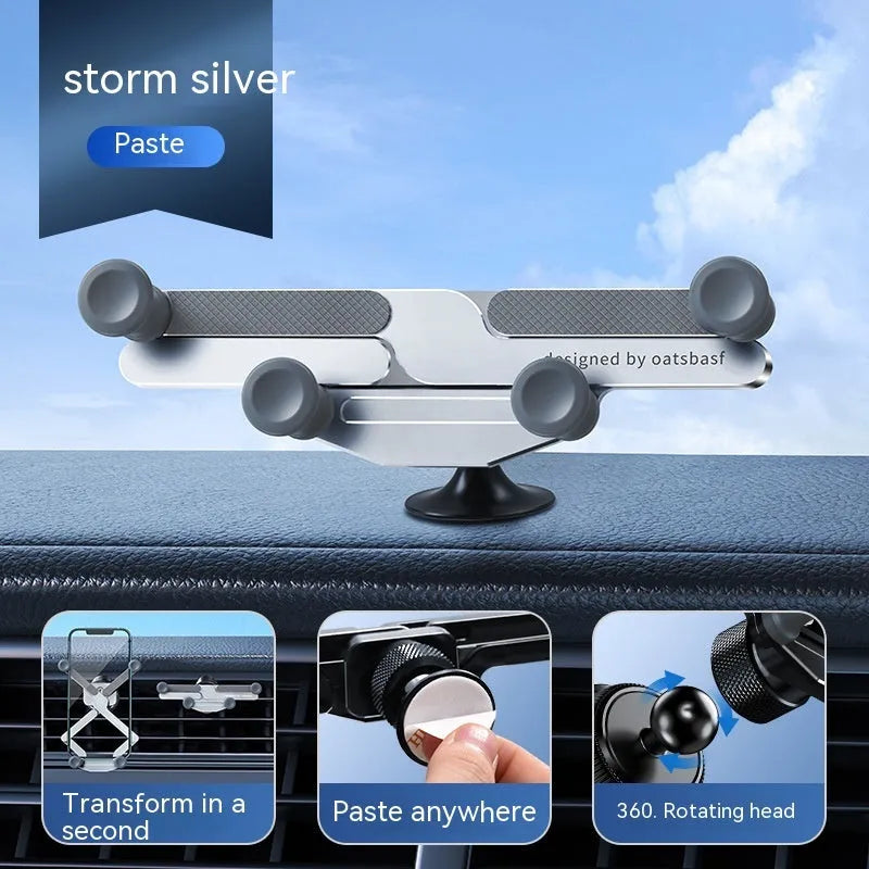 Aluminium alloy car phone mount bracket showing air vent and paste mounting versions in three colours