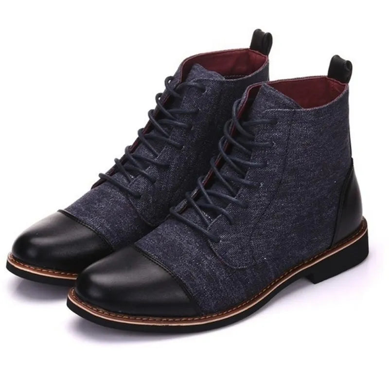 Men's black leather motorcycle boots with visible belt buckle detailing and a thick rubber sole
