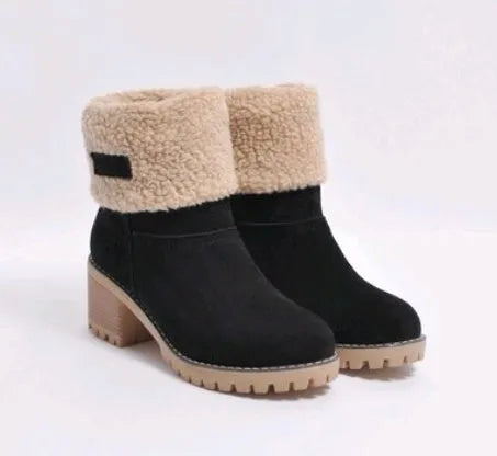 Women's suede mid-tube snow boots with a thick low heel in various colours