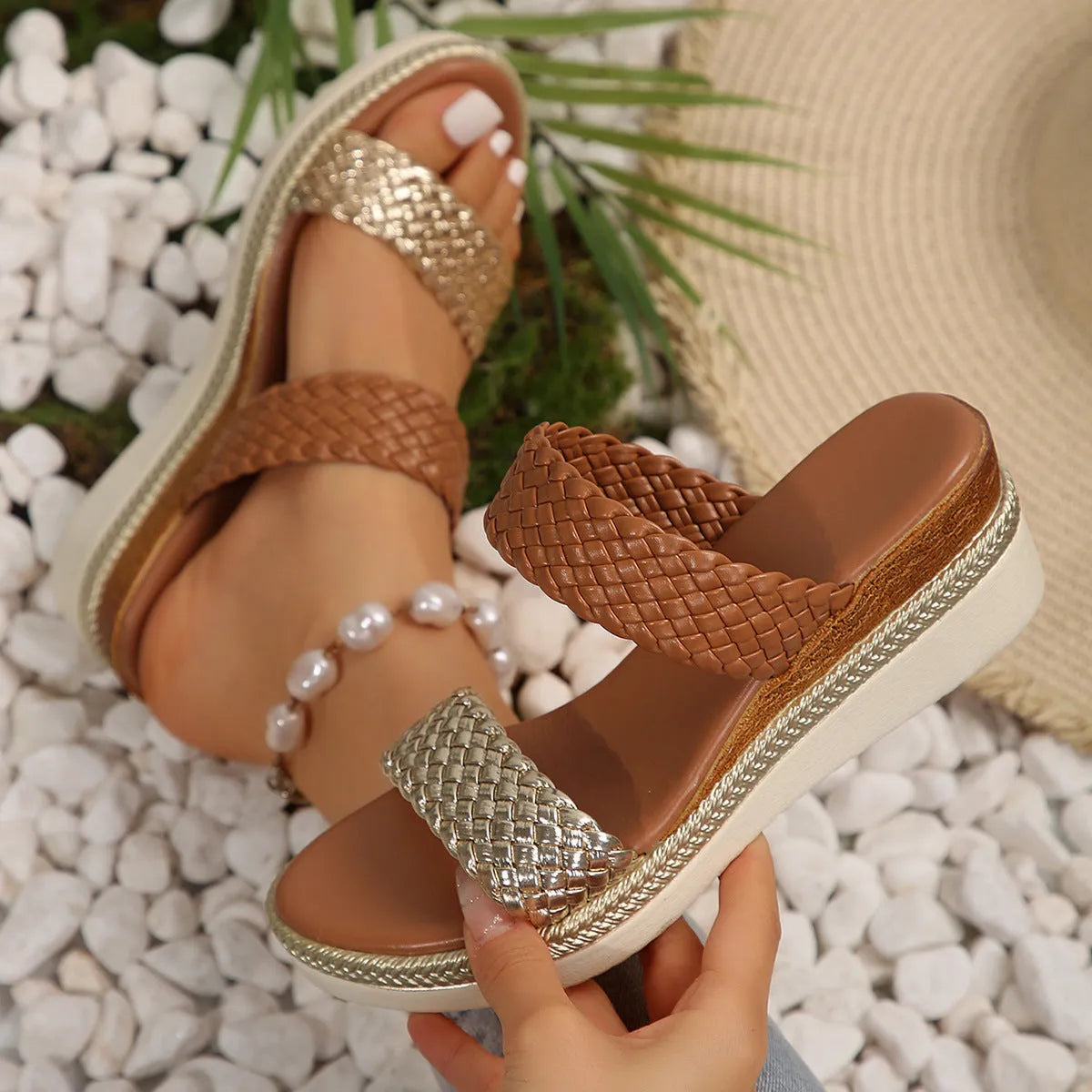 Gold and silver plus size women's wedge sandals with a 4.5 cm rubber sole