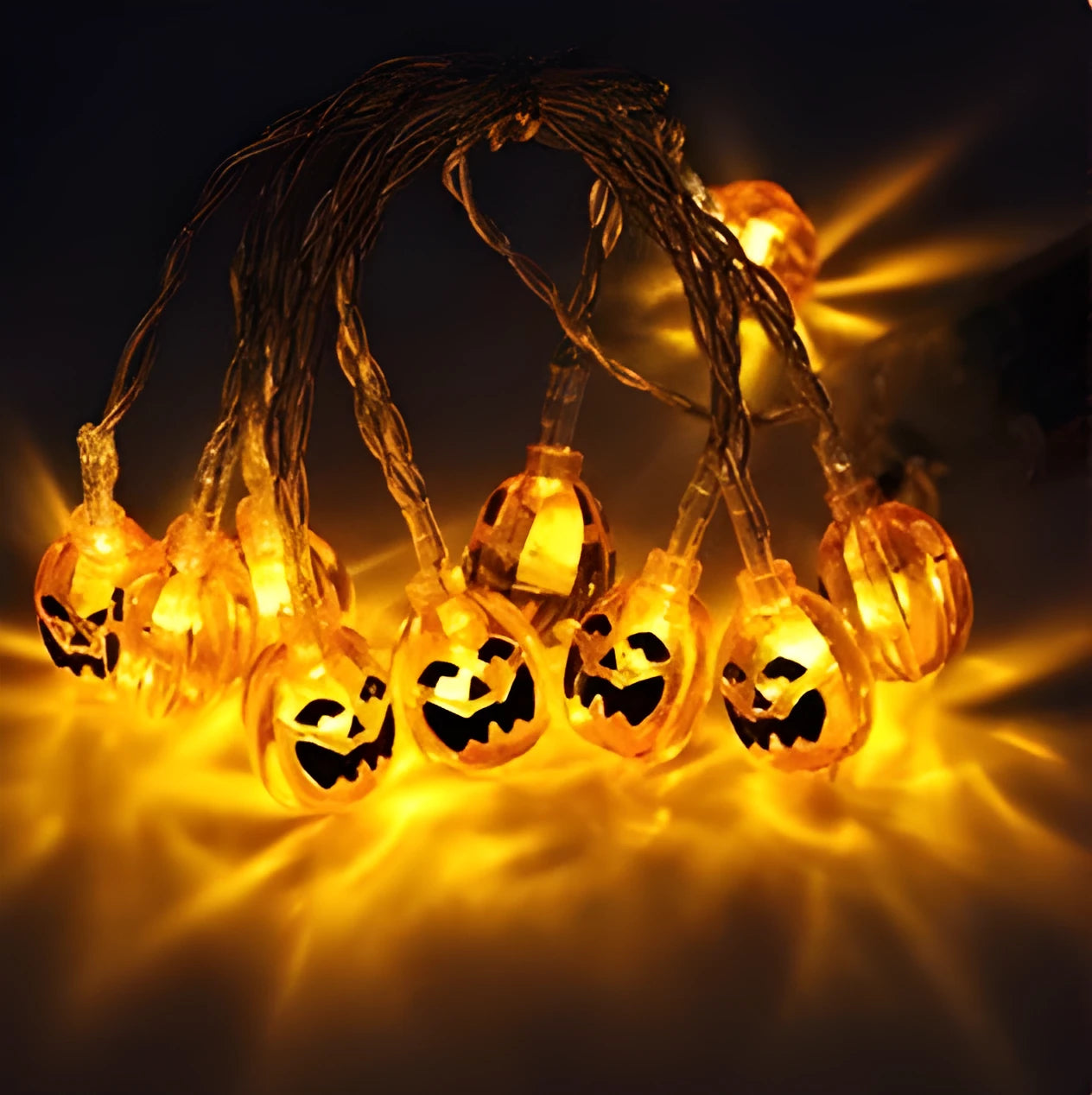 Halloween LED string lights with pumpkin, ghost, and bat pendants in multi-colour light mode