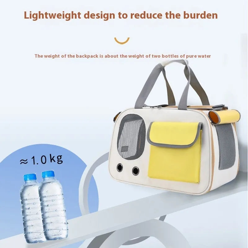 Canvas pet bag in yellow colour showing foldable single shoulder design for cat or small dog transport