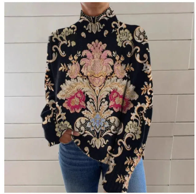 Black 3D pattern loose fit turtleneck long sleeve sweater on a hanger