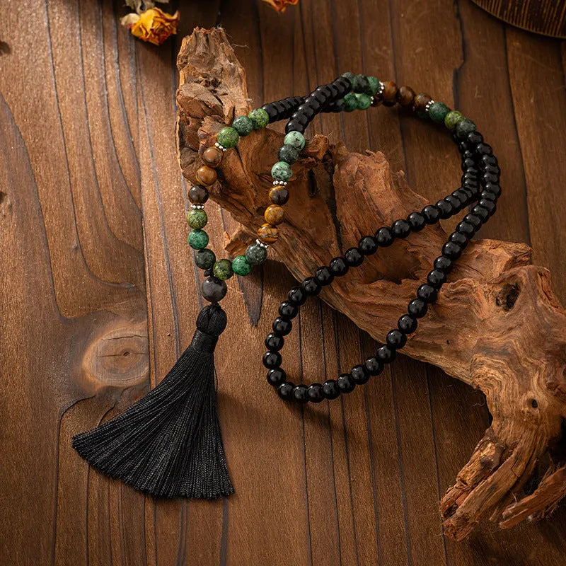 Vintage bohemian long beaded necklace and bracelet set in geometric ball chain design.