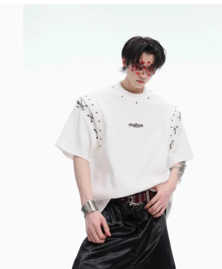 Women's black short sleeve t-shirt with a lace-up cutout design detail on the front