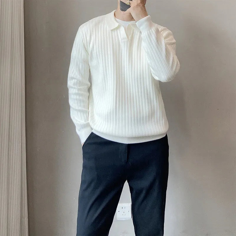 Loose striped lapel knitted sweater for boys in Army Green colour