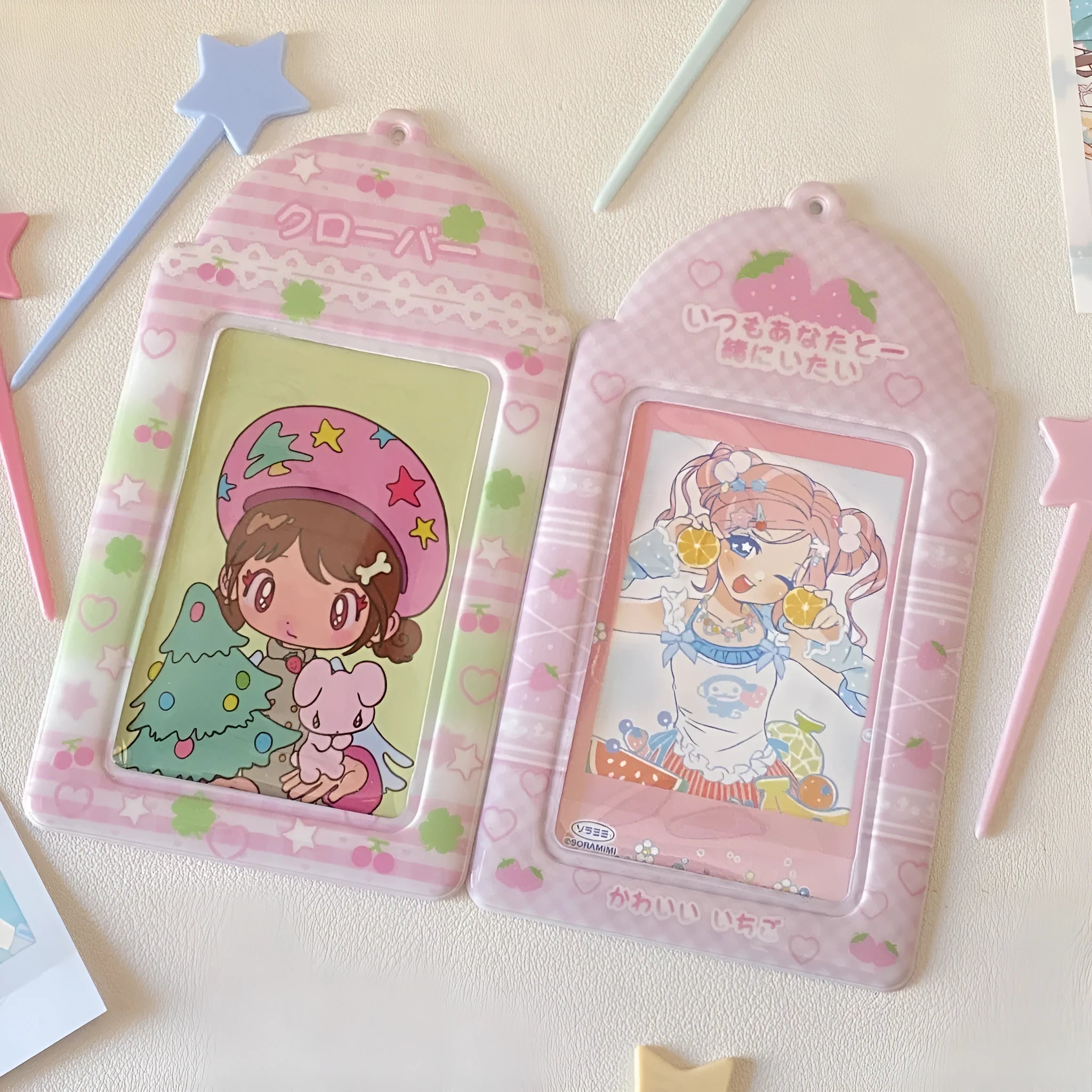 PVC plastic card holder with strawberry plaid pattern measuring 7.6 by 13.6 centimetres