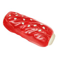 Primary colour plastic dog chew toy with textured molar rod surface and snack compartment