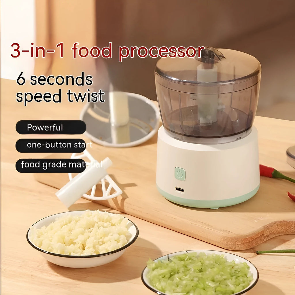 Mini electric meat grinder food processor in white or light green with transparent cup