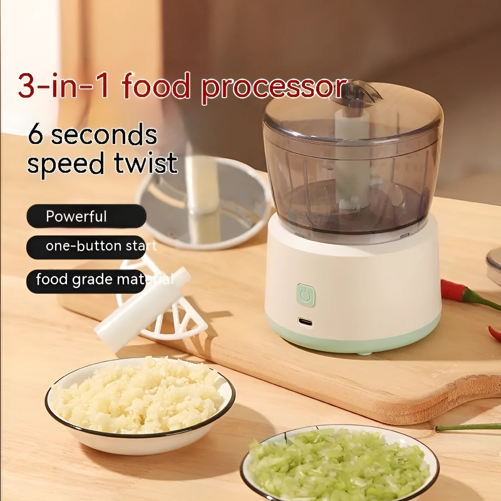 Mini electric meat grinder food processor in white or light green with transparent cup