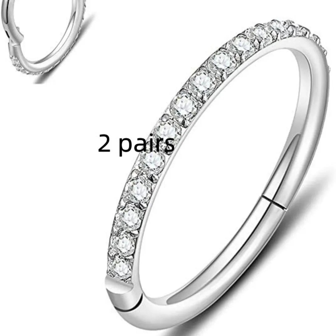 Stainless steel seamless nose ring with diamond detail showing multiple colour finishes and size options