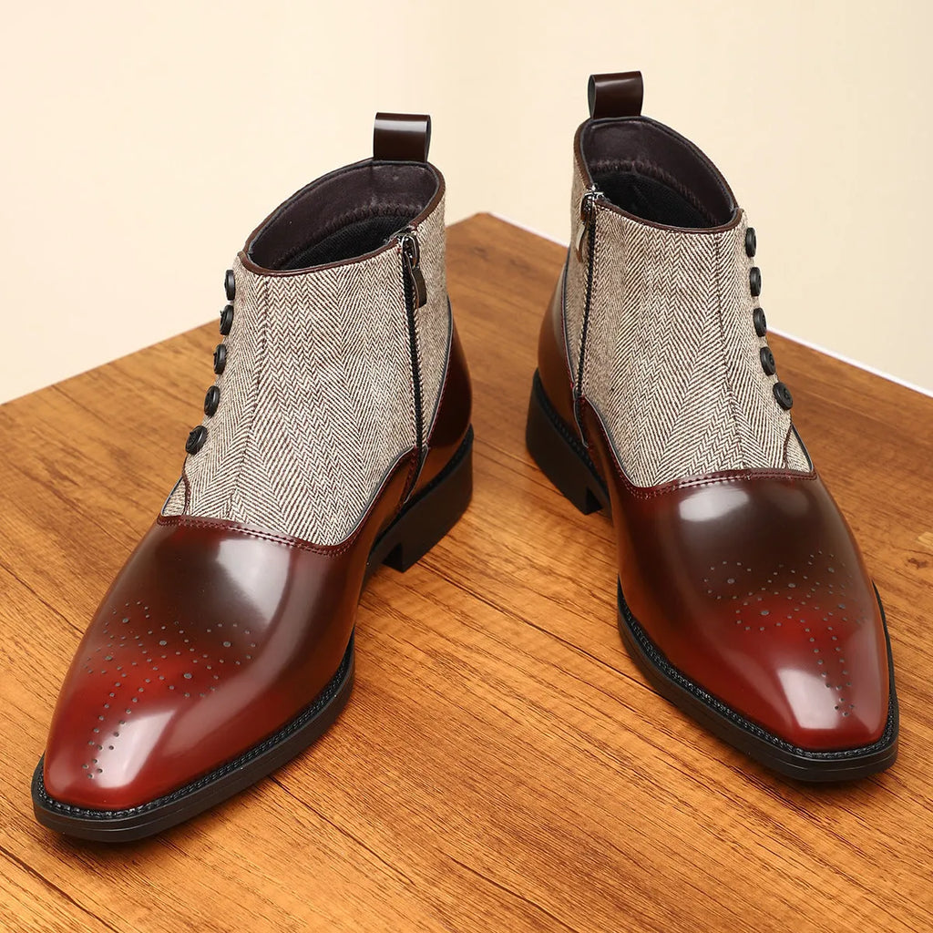 Men's brown retro formal shoes with a side zipper, square toe, and low square heel on a rubber sole.
