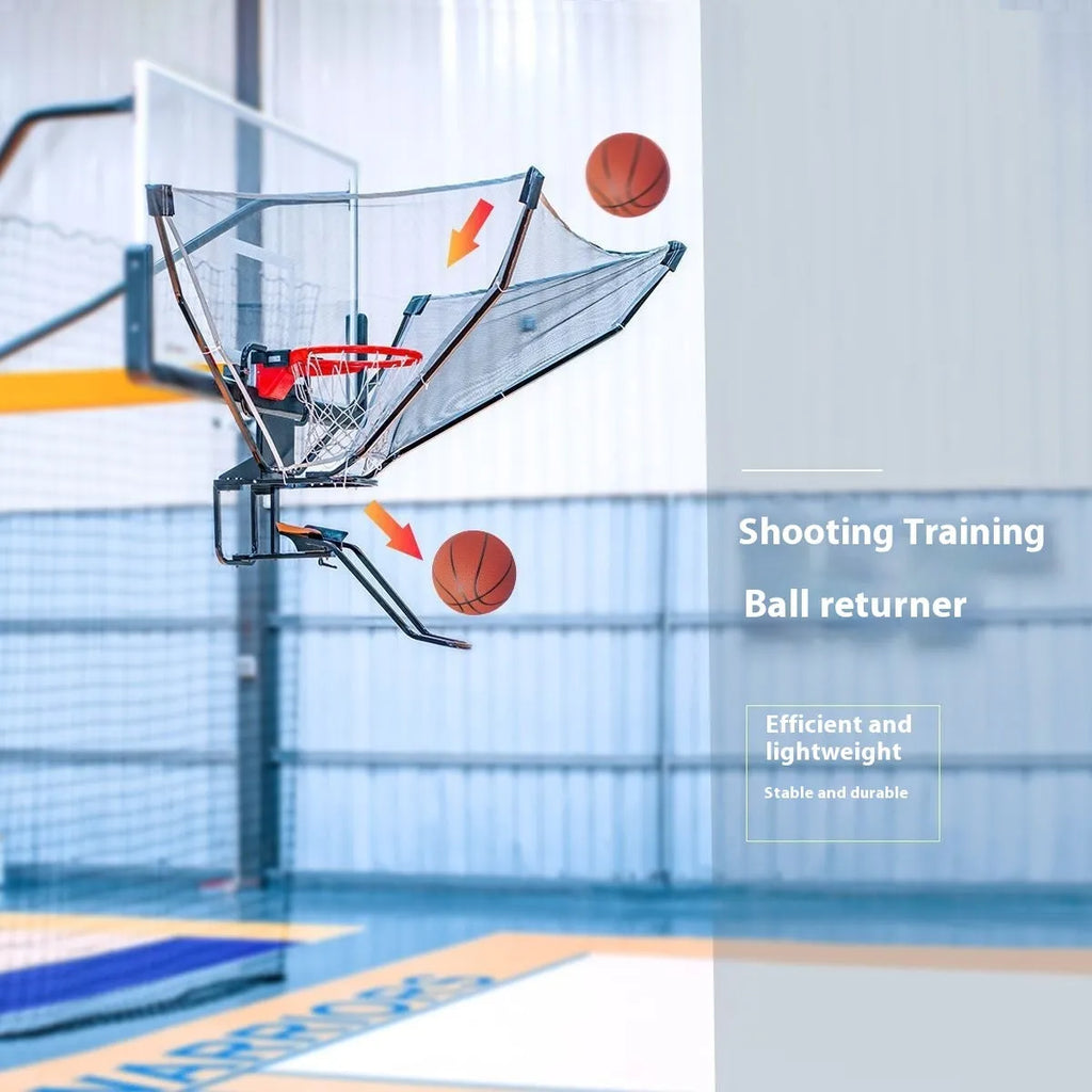 Basketball training ball return automatic serve device with cowhide leather and iron construction hanging from hoop