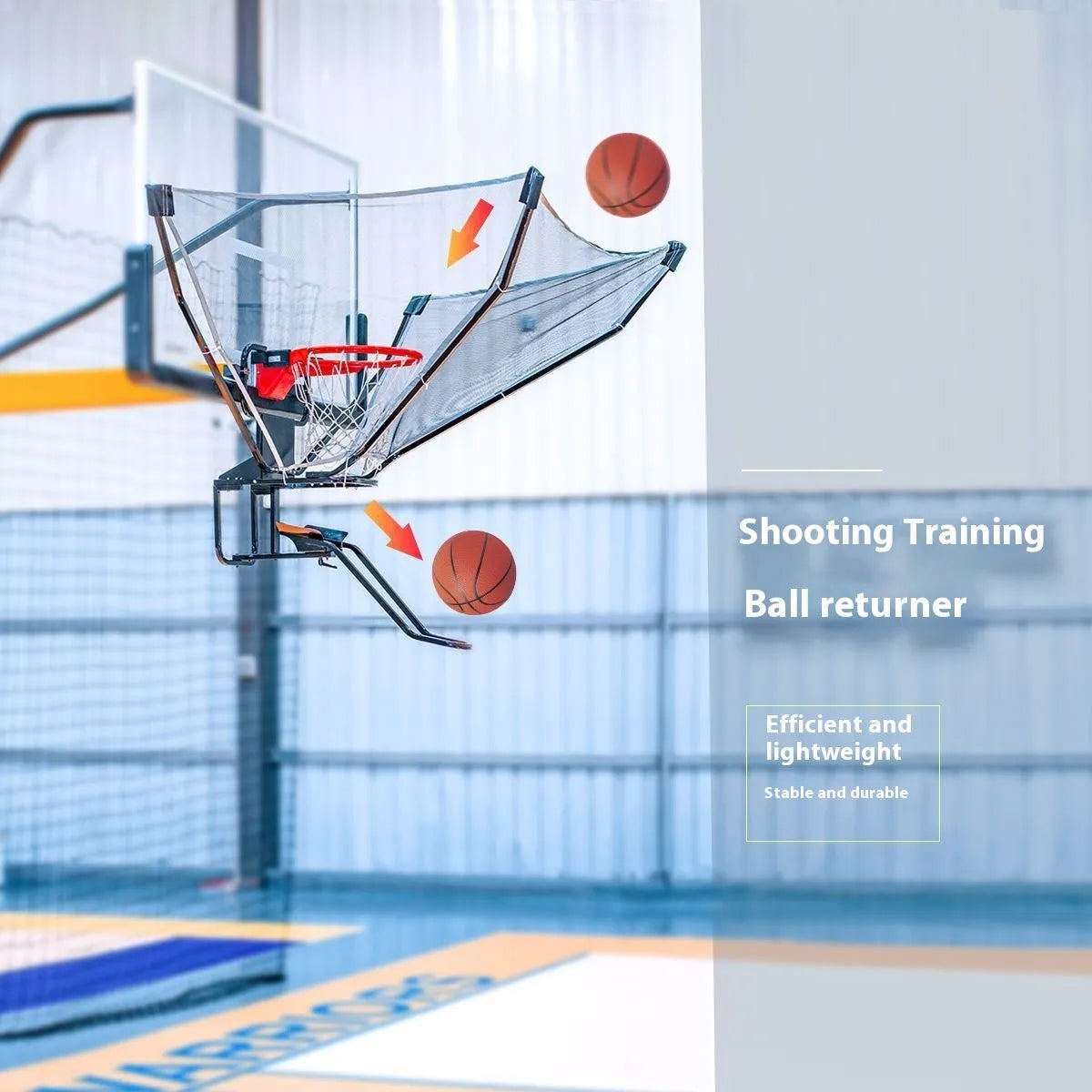 Basketball training ball return automatic serve device with cowhide leather and iron construction hanging from hoop