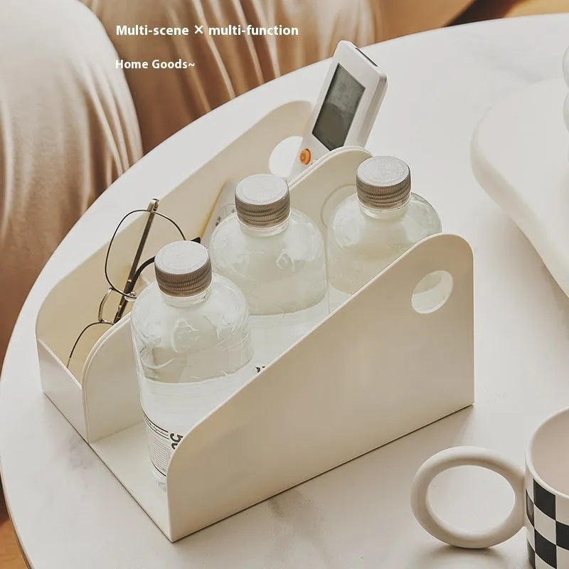 Plastic desktop storage box with 2-layer shelf organisation in milk coffee colour
