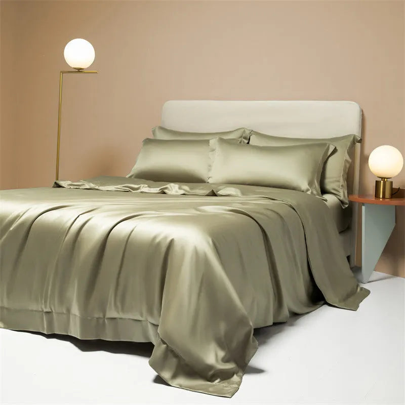 Lenzing Tencel 200 thread count bedding set in satin weave showing Aurora Blue quilt cover and pillowcases