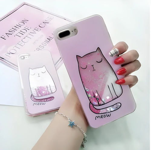 Cat-themed glitter phone case for iPhone models 6, 7, 8, and X.