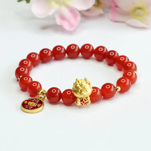 Red agate beaded dragon zodiac bracelet with 8mm beads.
