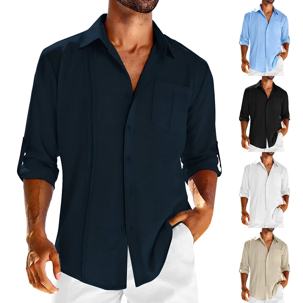 Mens grey casual long sleeve shirt with lace detail on polo collar and chest pocket.
