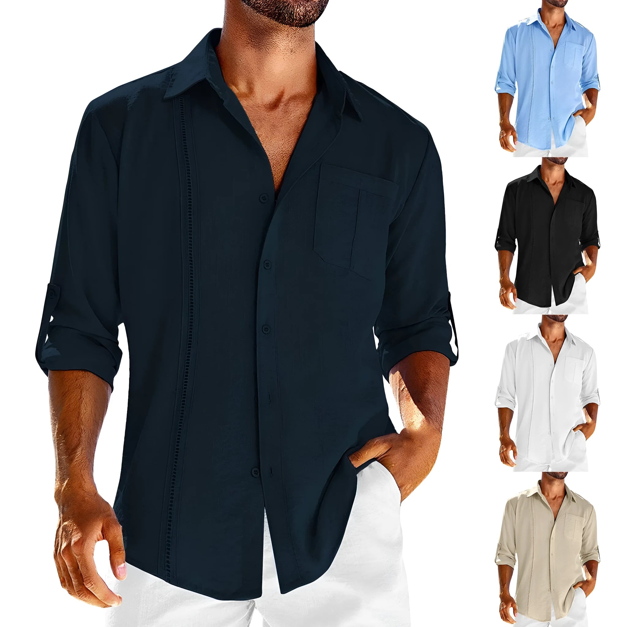 Mens grey casual long sleeve shirt with lace detail on polo collar and chest pocket.
