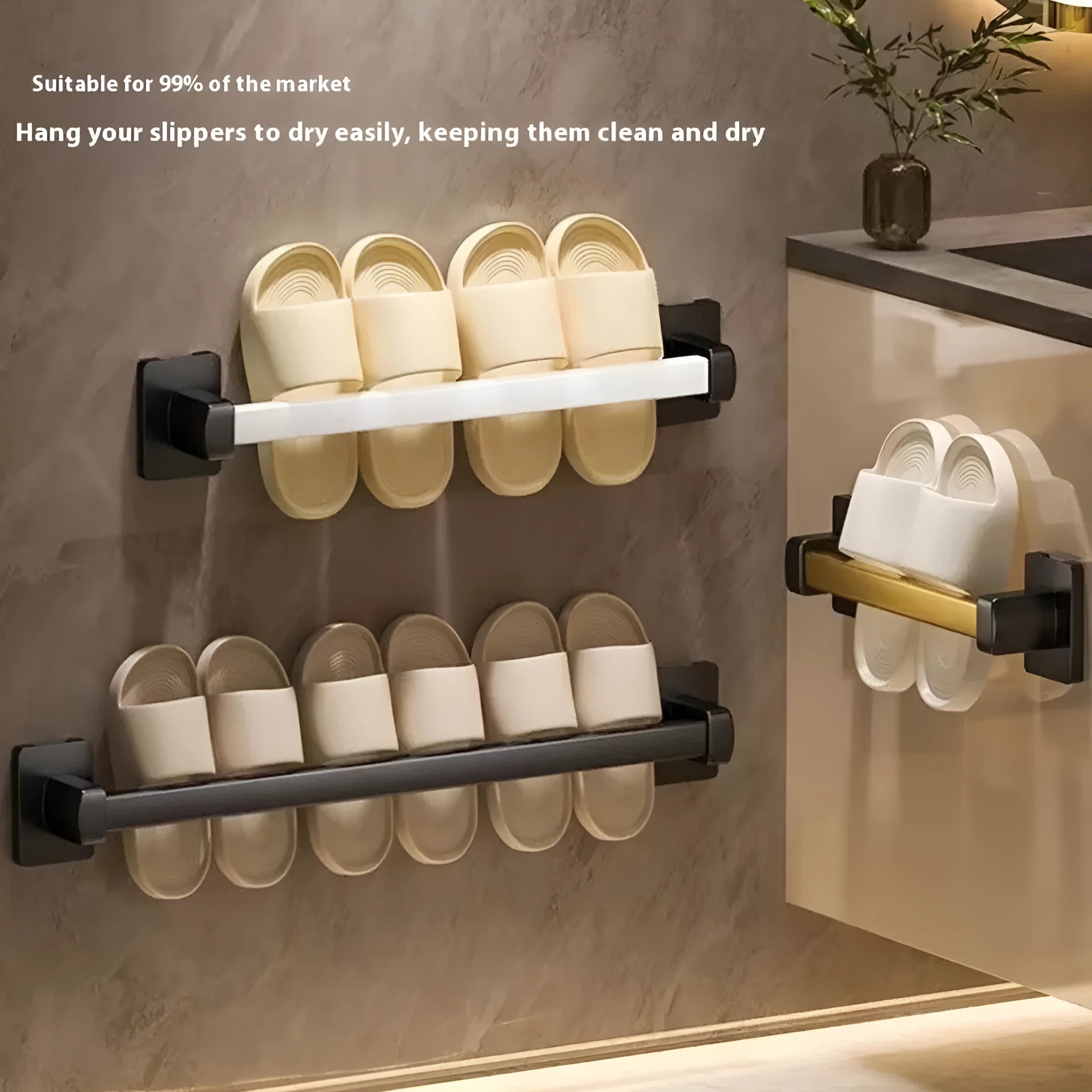 Black wall-mounted slipper rack with a small seat, shown holding two pairs of slippers.