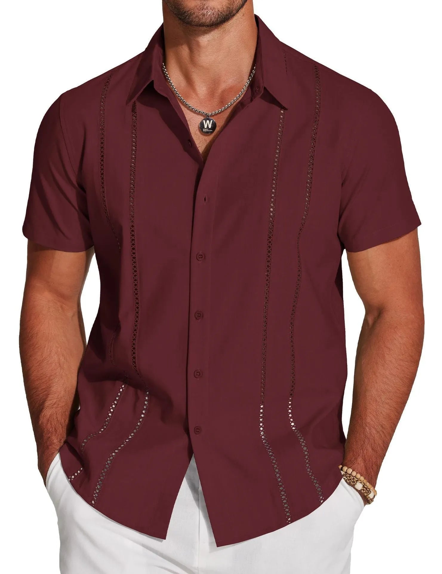 Men's slim fit Hawaiian short sleeve shirt with digital print pattern.