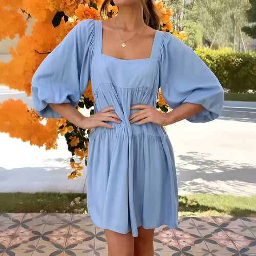 Children's square collar backless dress with puff sleeves and A-line skirt in light blue and orange red options