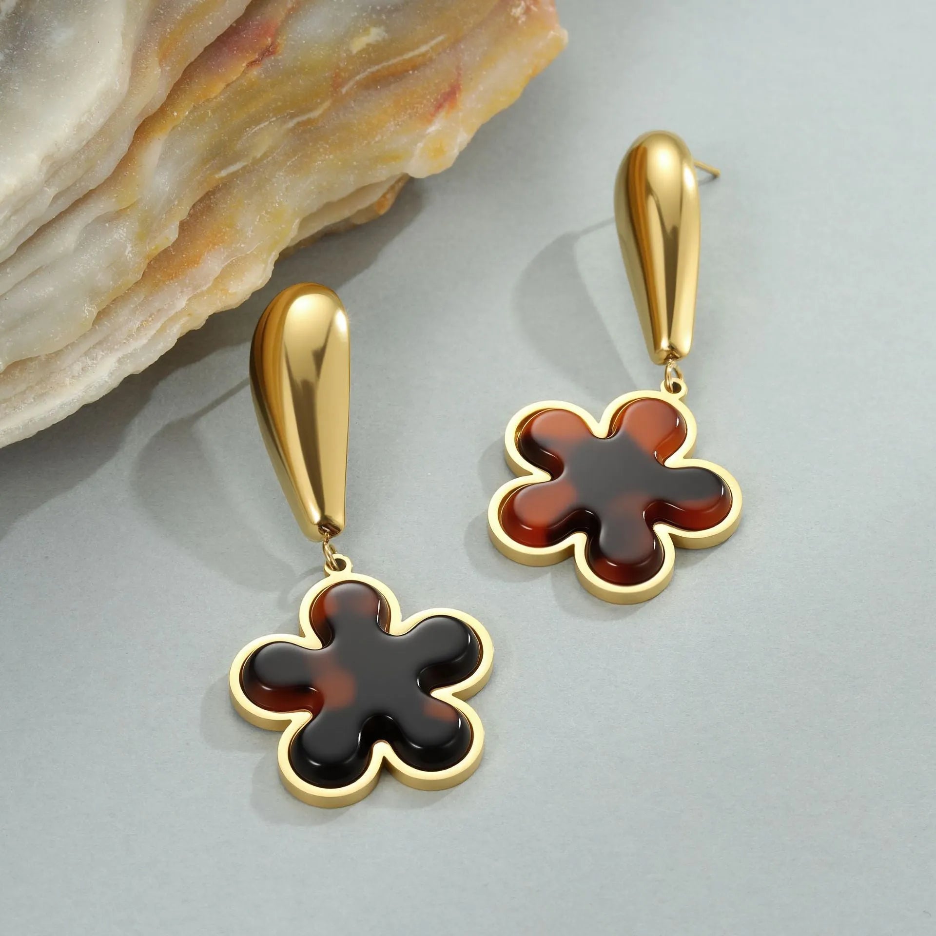 Tortoiseshell resin hawksbill colour earrings with electroplated 18K stainless steel in heart and floral geometric designs