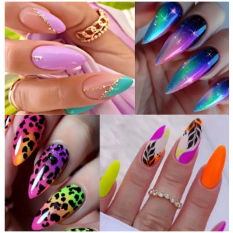 Almond-shaped false nail stickers showing French colourful leaves, gradient leopard print, star flash macaron and colourful plating designs