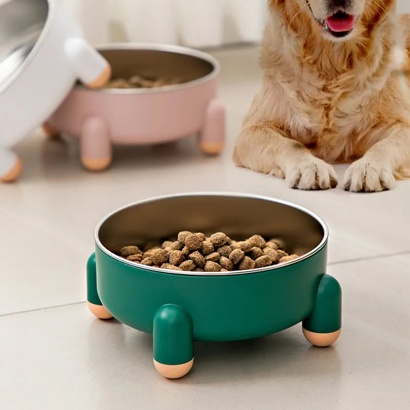 Green stainless steel pet bowl with a non-slip base and raised high foot for dogs and cats.