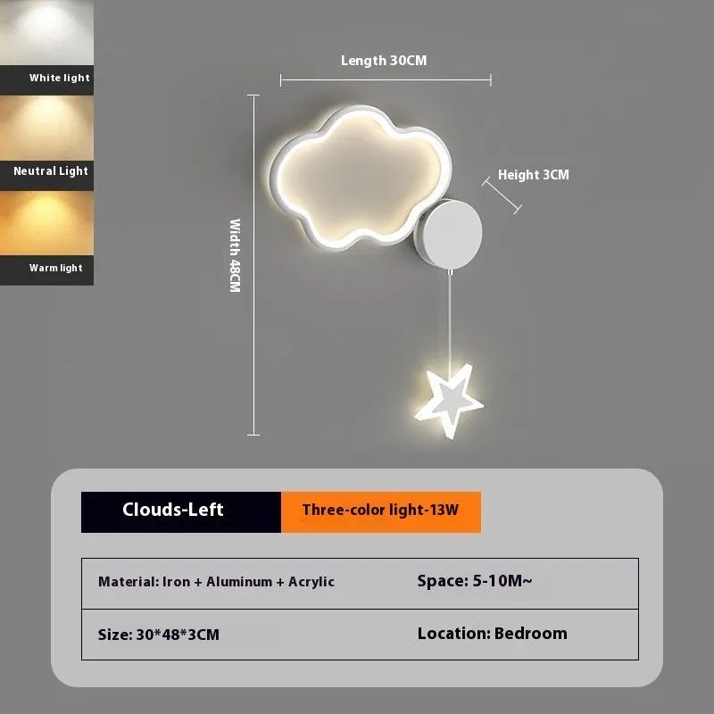 Children's bedside wall lamp with cloud and star design in black finish showing three-colour LED illumination