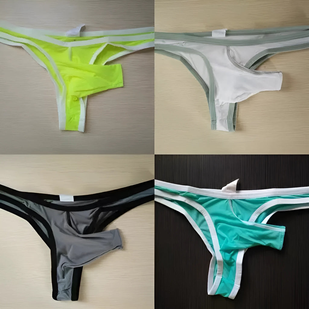 Men's Ice Silk nylon briefs with elephant nose design in multiple colour options on size chart