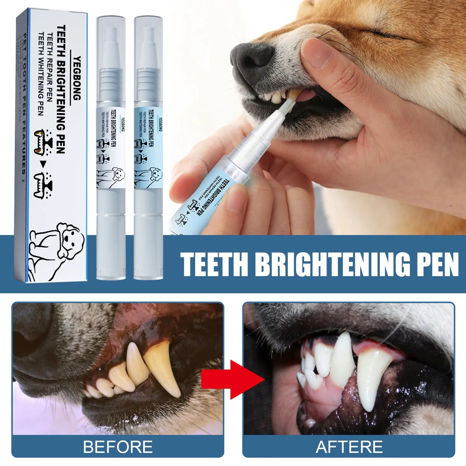 Pet teeth whitening pen with dental brushes for dogs and cats tartar removal