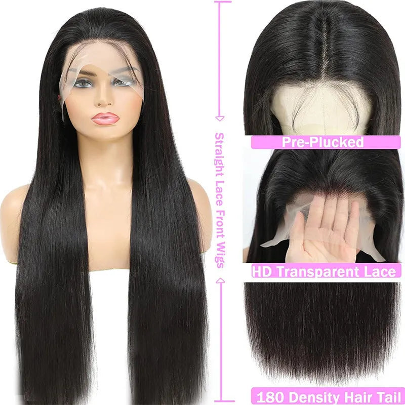 Straight black human hair wig with 13x6 lace front shown at 24 inch length