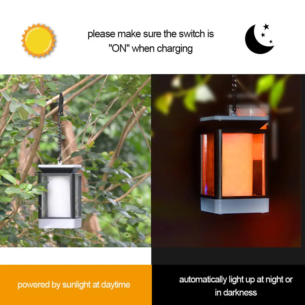 Antique flame style outdoor solar lamp with black ABS+PC shell and solar panel on top.