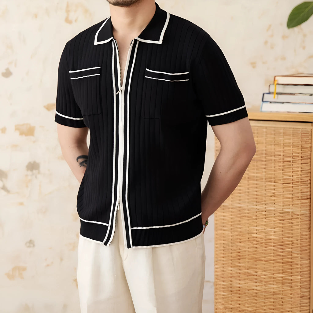 Slim elastic lapel short-sleeved polo shirt in black viscose blend fabric for men