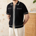 Slim elastic lapel short-sleeved polo shirt in black viscose blend fabric for men