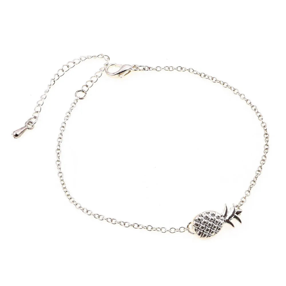 Alloy pineapple charm bracelet for women in gold or silver tone with adjustable chain